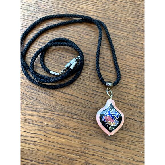 Vintage Cloisonne Floral Black Rope Victorian Pendant Necklace ~Chinese - Picture 4 of 7